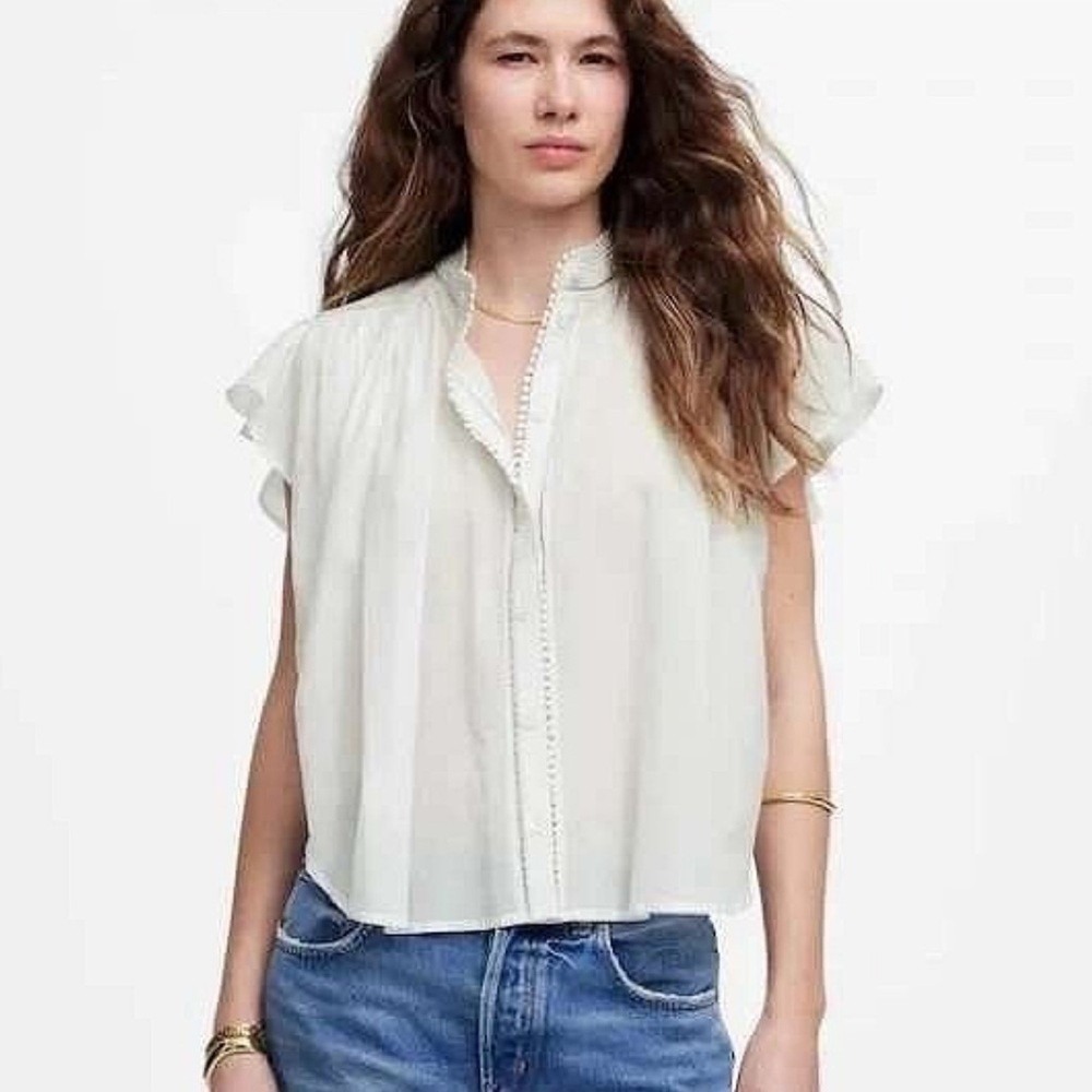 NWT‎ Madewell Shirred Lace Trim Top White Womens XXS Ruffle Sleeve Ladder Lace